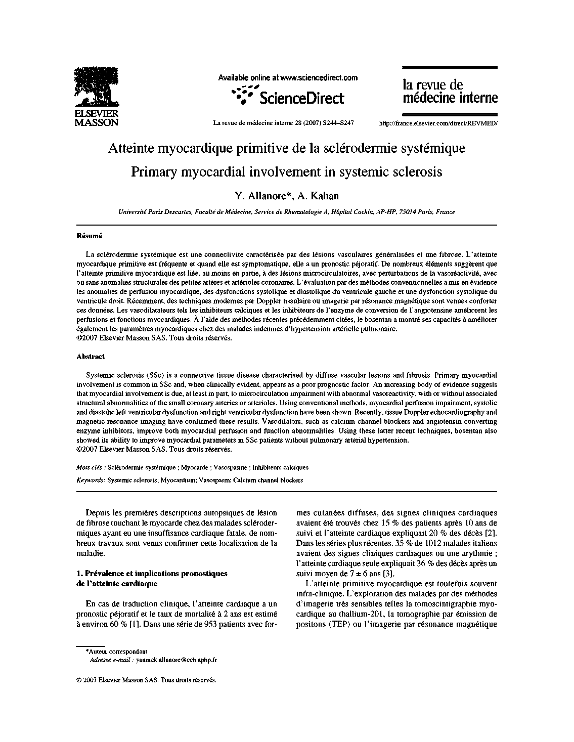 Atteinte myocardique primitive de la sclérodermie systémique