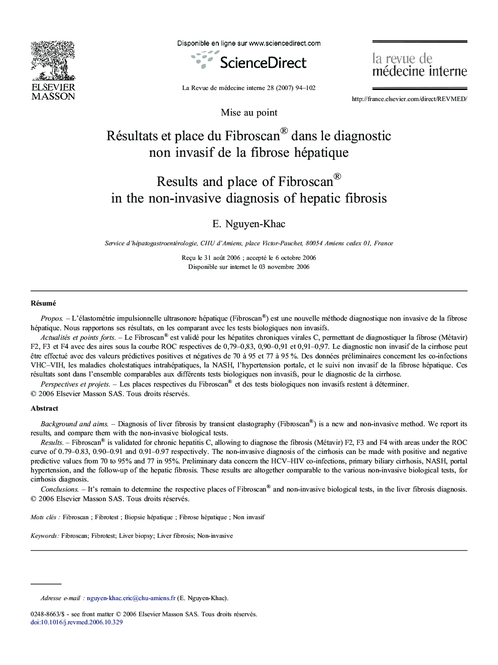 Résultats et place du Fibroscan® dans le diagnostic non invasif de la fibrose hépatique