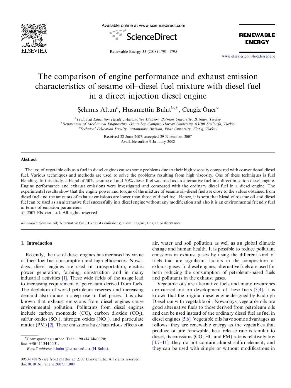 The comparison of engine performance and exhaust emission characteristics of sesame oil–diesel fuel mixture with diesel fuel in a direct injection diesel engine