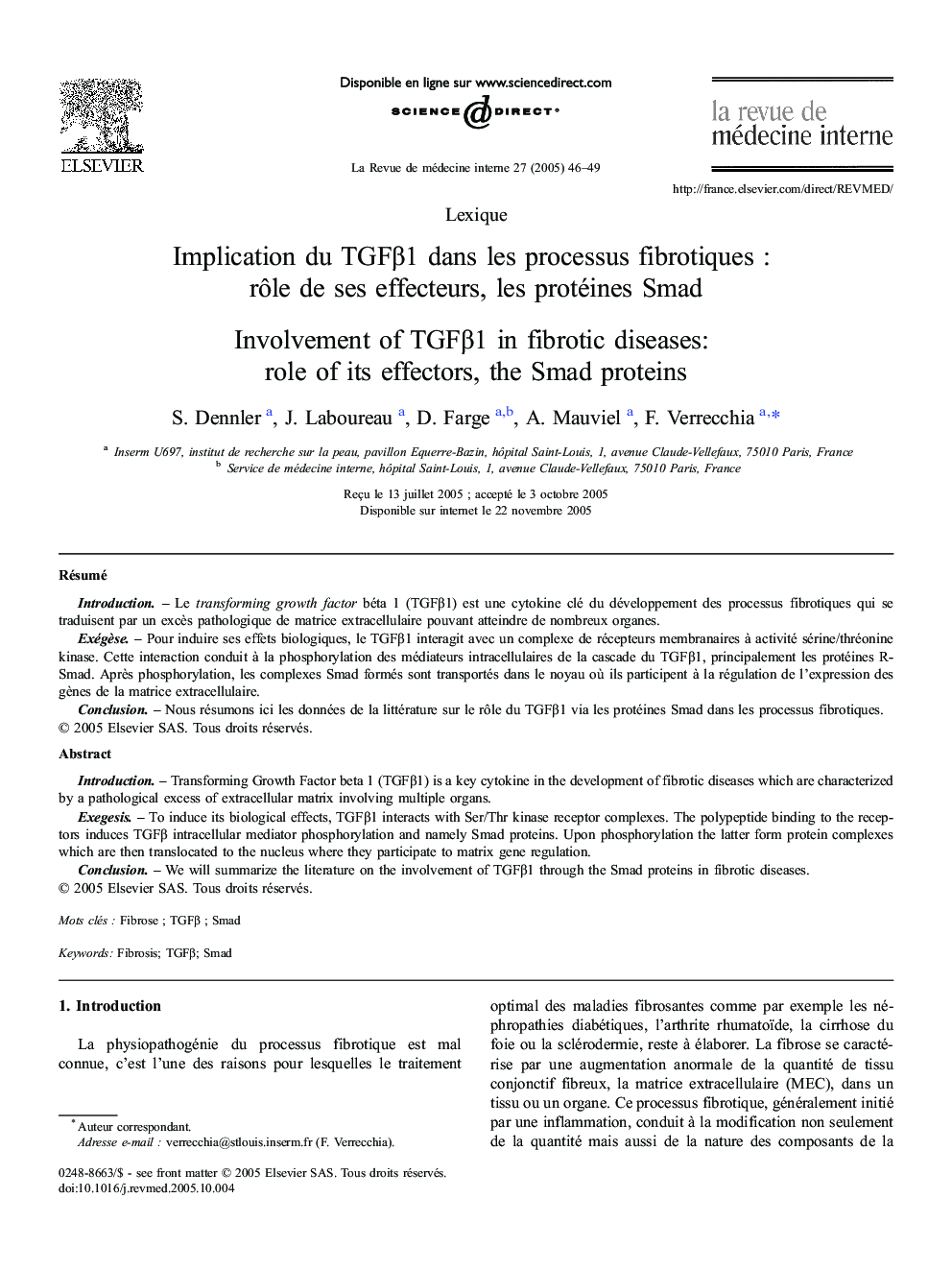 Implication du TGFβ1 dans les processus fibrotiques : rôle de ses effecteurs, les protéines Smad