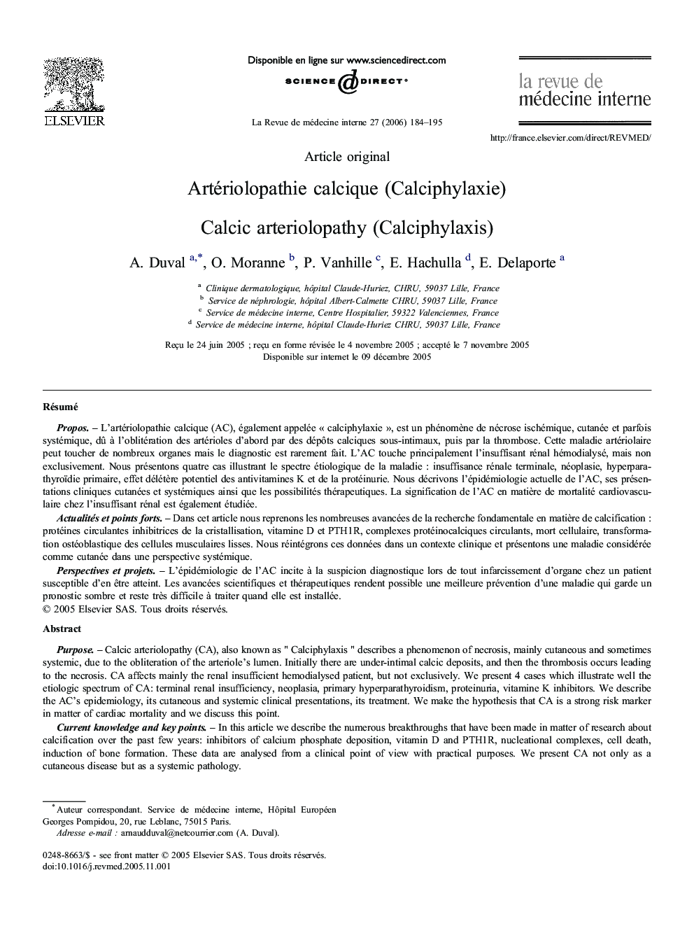 Artériolopathie calcique (Calciphylaxie)