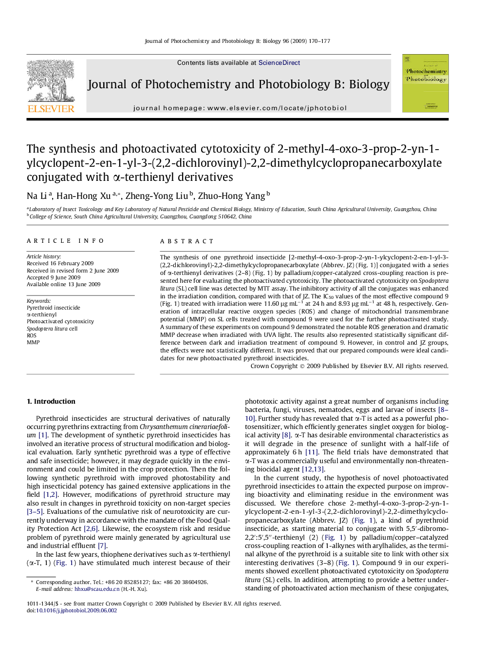 The synthesis and photoactivated cytotoxicity of 2-methyl-4-oxo-3-prop-2-yn-1-ylcyclopent-2-en-1-yl-3-(2,2-dichlorovinyl)-2,2-dimethylcyclopropanecarboxylate conjugated with α-terthienyl derivatives