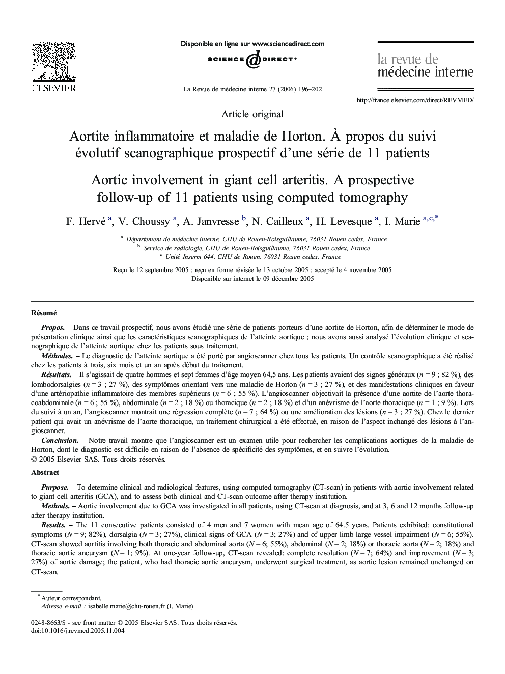 Aortite inflammatoire et maladie de Horton. À propos du suivi évolutif scanographique prospectif d'une série de 11 patients