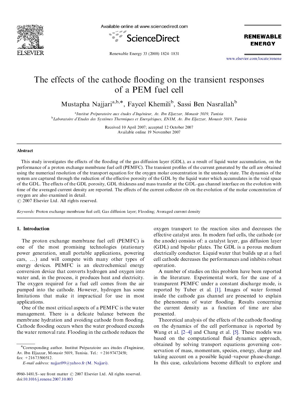 The effects of the cathode flooding on the transient responses of a PEM fuel cell