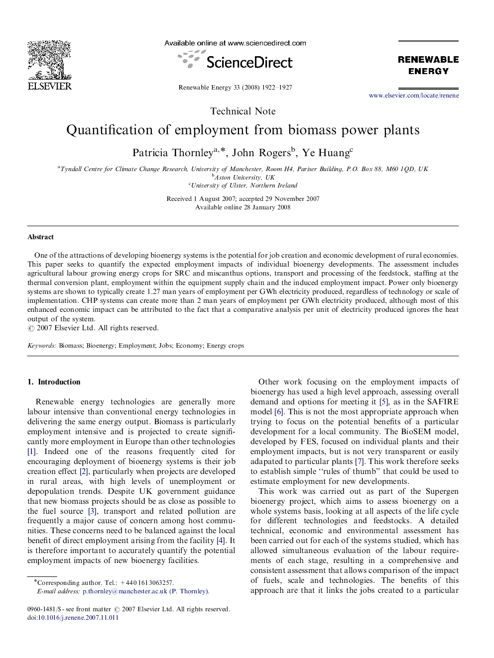 Quantification of employment from biomass power plants