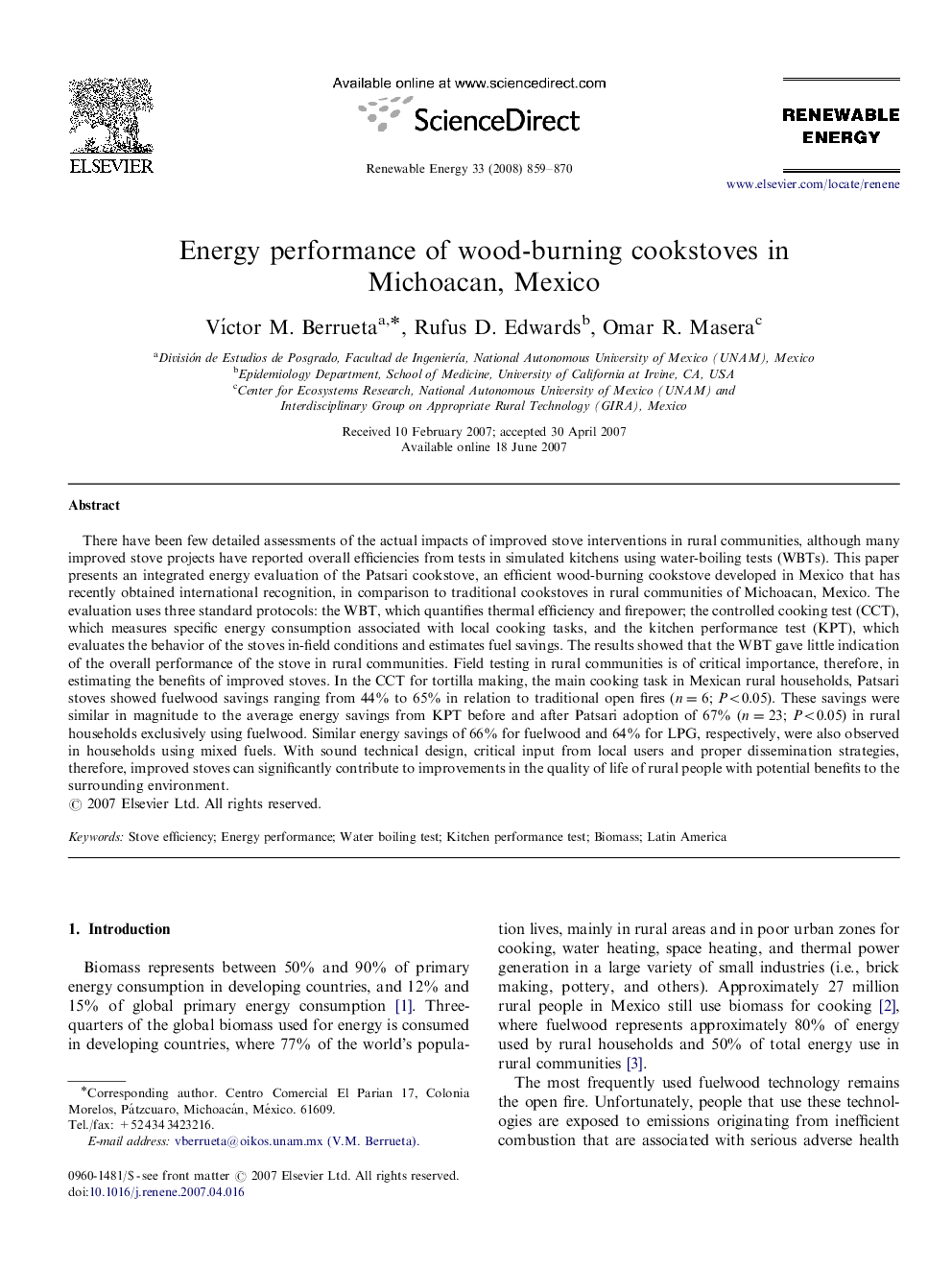 Energy performance of wood-burning cookstoves in Michoacan, Mexico