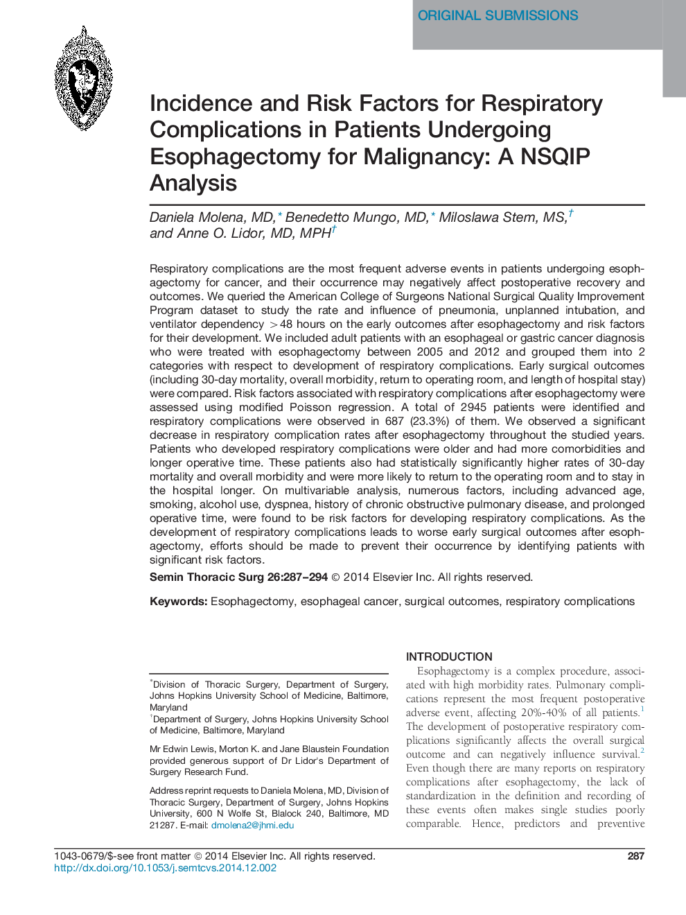 Incidence and Risk Factors for Respiratory Complications in Patients Undergoing Esophagectomy for Malignancy: A NSQIP Analysis 