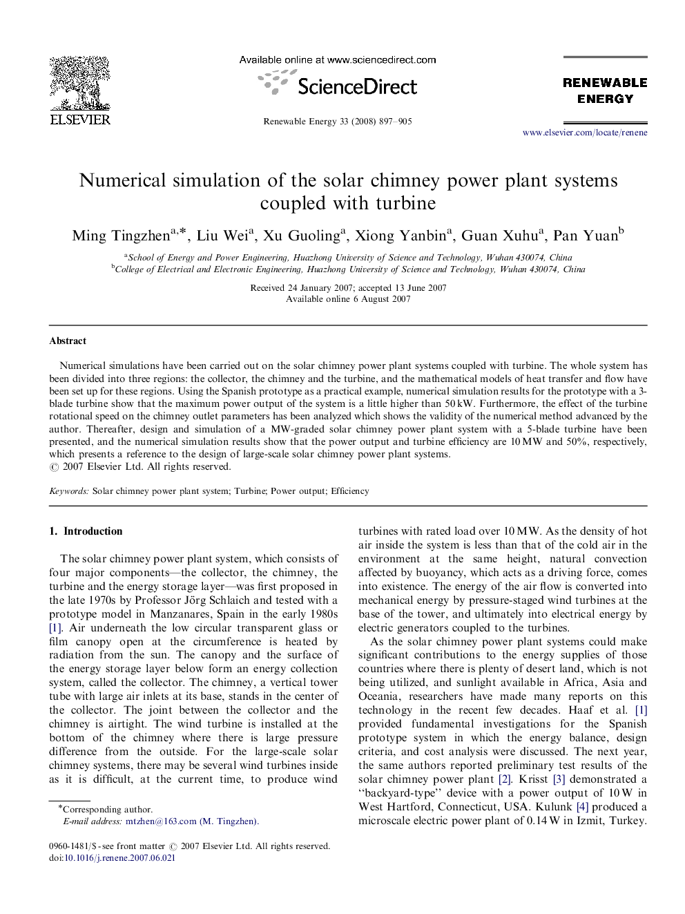 Numerical simulation of the solar chimney power plant systems coupled with turbine