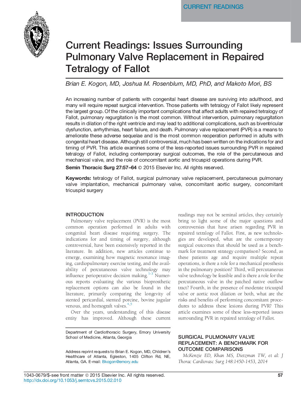 Current Readings: Issues Surrounding Pulmonary Valve Replacement in Repaired Tetralogy of Fallot