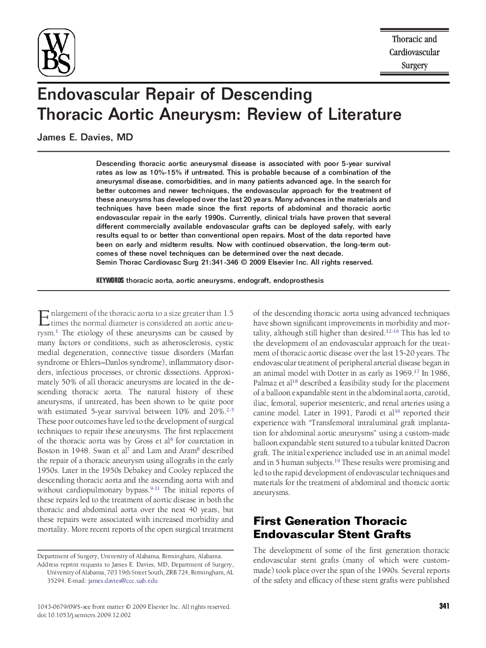 Endovascular Repair of Descending Thoracic Aortic Aneurysm: Review of Literature