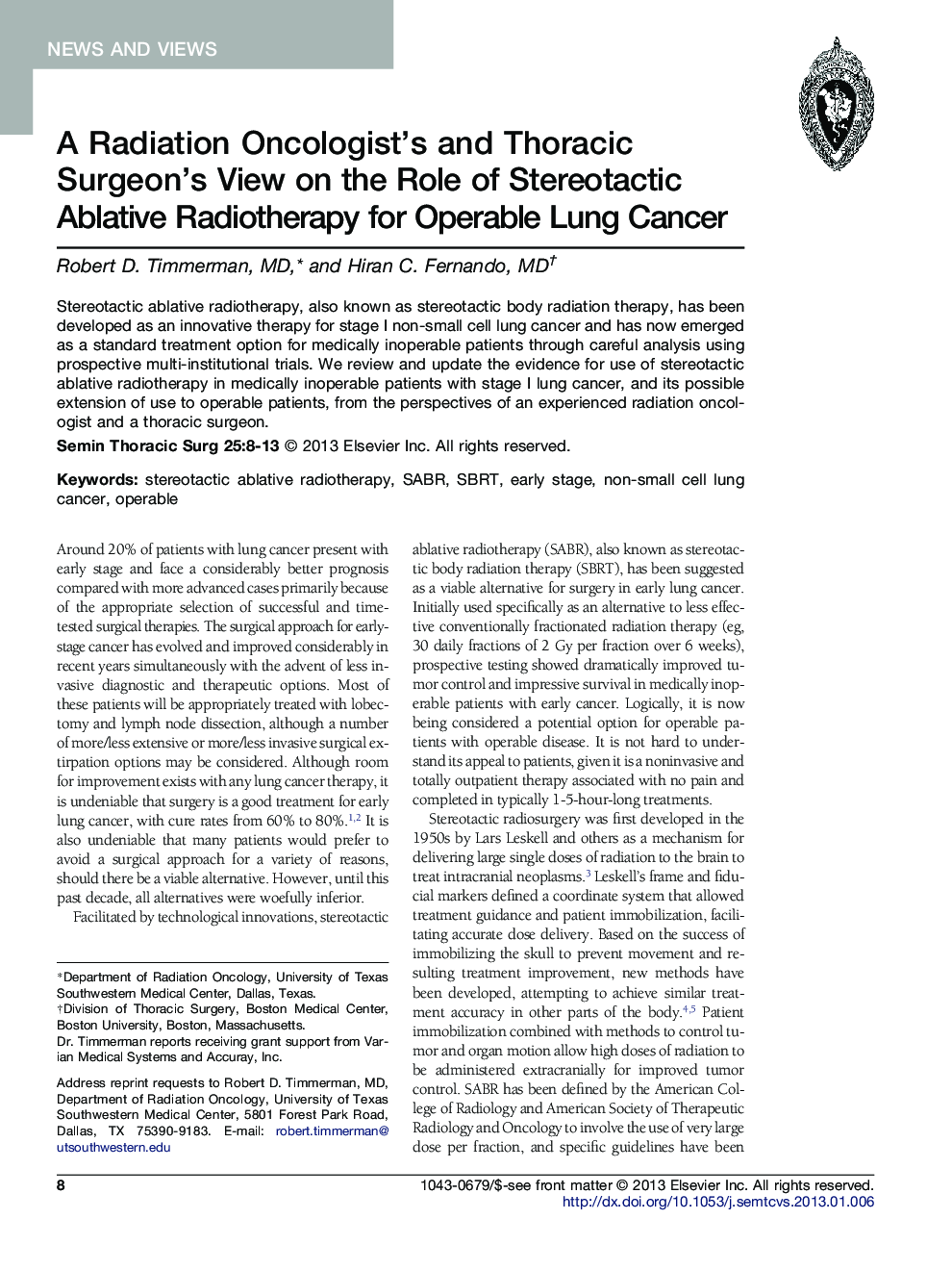 A Radiation Oncologist's and Thoracic Surgeon's View on the Role of Stereotactic Ablative Radiotherapy for Operable Lung Cancer 