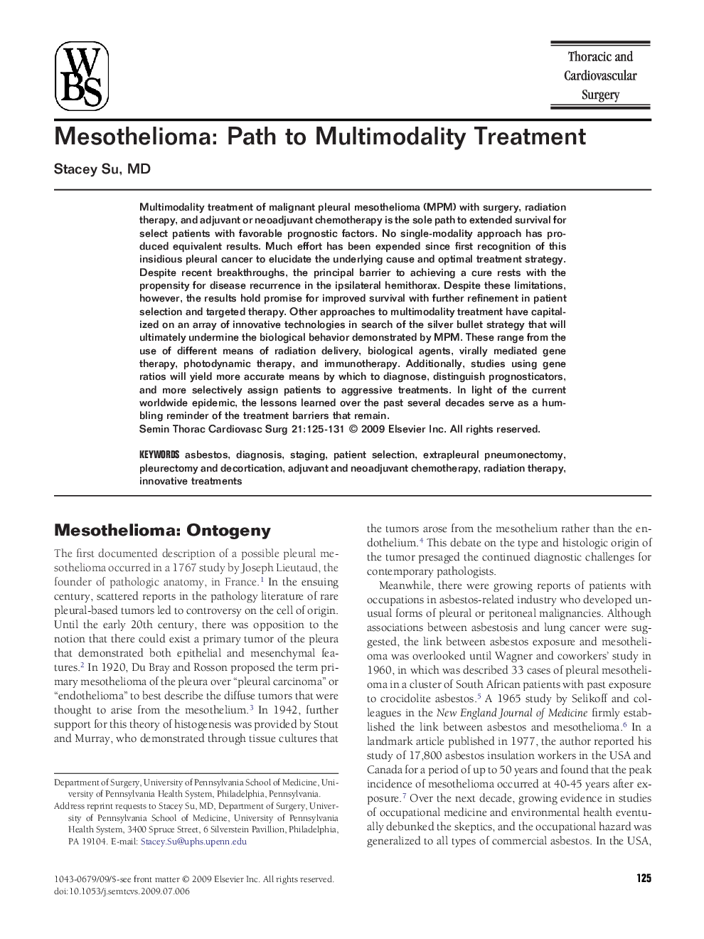 Mesothelioma: Path to Multimodality Treatment