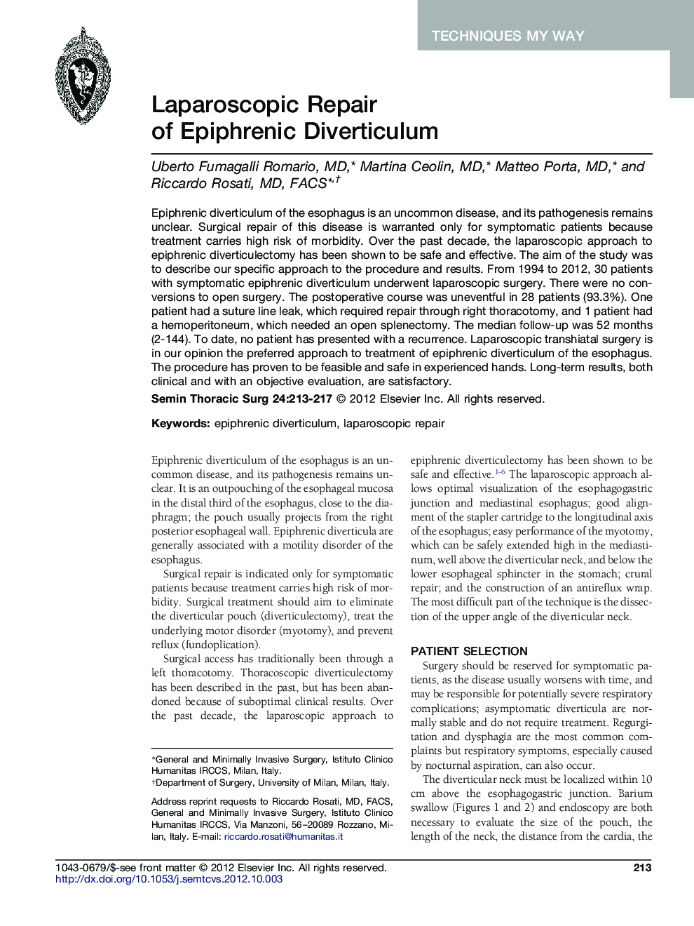 Laparoscopic Repair of Epiphrenic Diverticulum