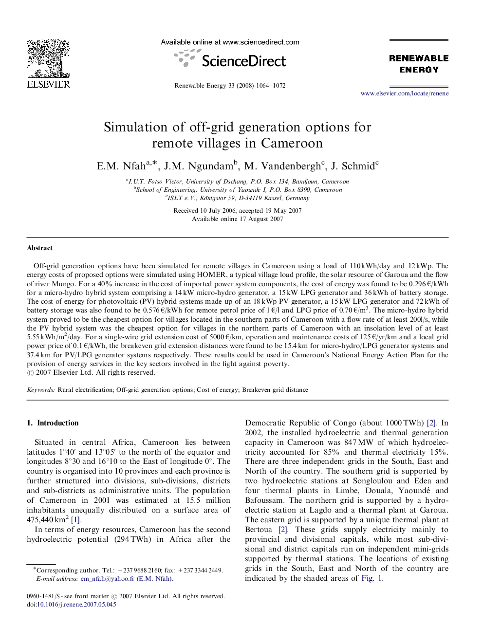 عکس صفحه اول مقاله: Simulation of off-grid generation options for remote villages in Cameroon Simulation of off-grid generation options for remote villages in Cameroon