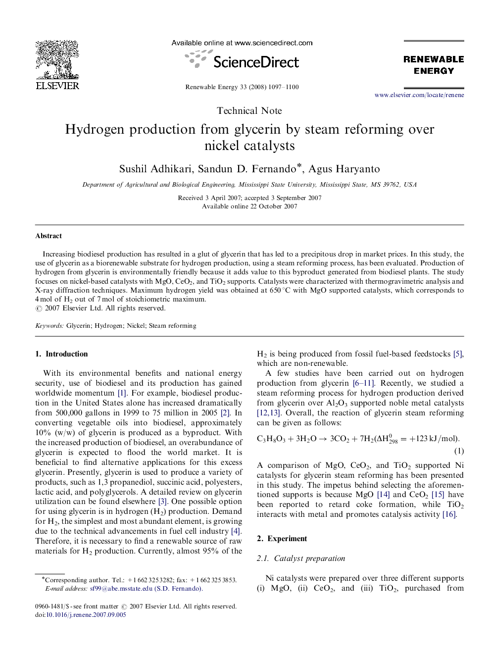 Hydrogen production from glycerin by steam reforming over nickel catalysts