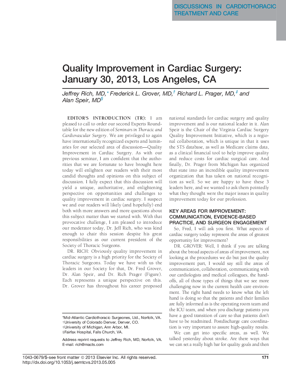 Quality Improvement in Cardiac Surgery: January 30, 2013, Los Angeles, CA