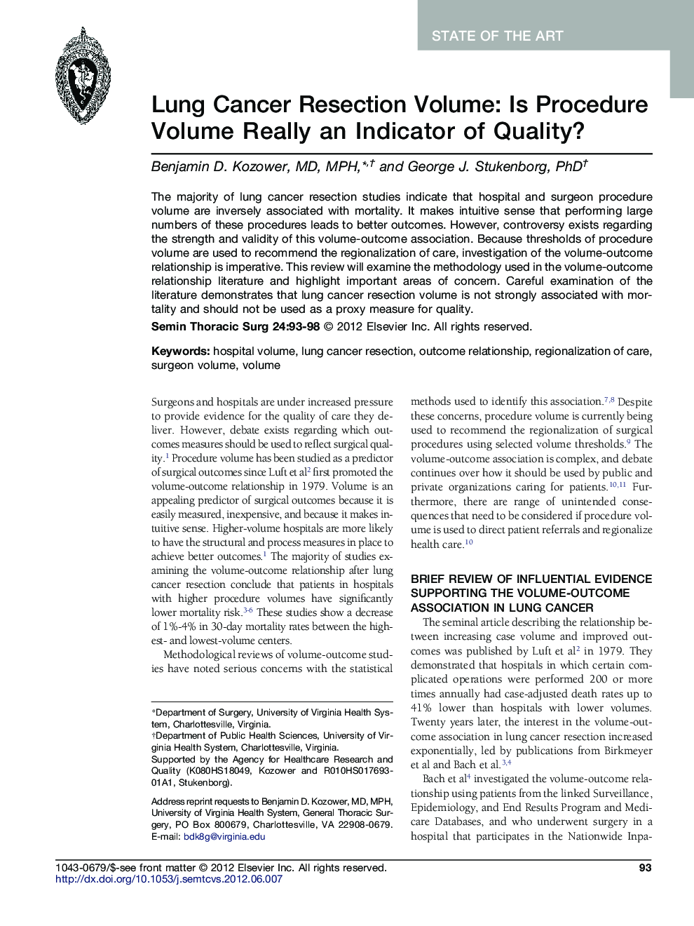 Lung Cancer Resection Volume: Is Procedure Volume Really an Indicator of Quality? 