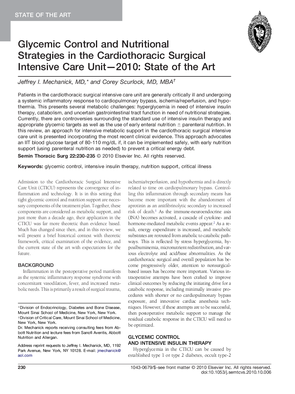 Glycemic Control and Nutritional Strategies in the Cardiothoracic Surgical Intensive Care Unit—2010: State of the Art 