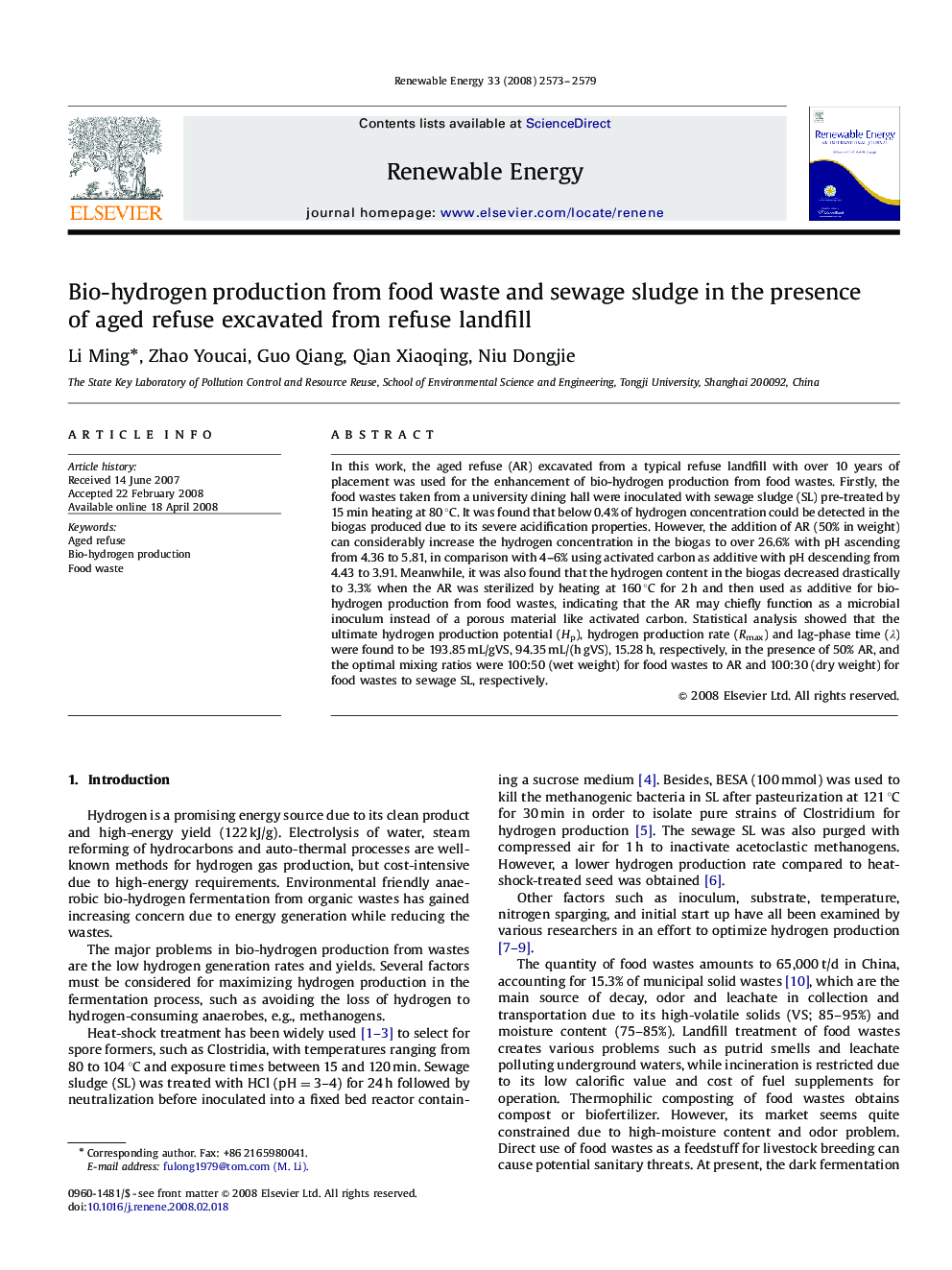 Bio-hydrogen production from food waste and sewage sludge in the presence of aged refuse excavated from refuse landfill