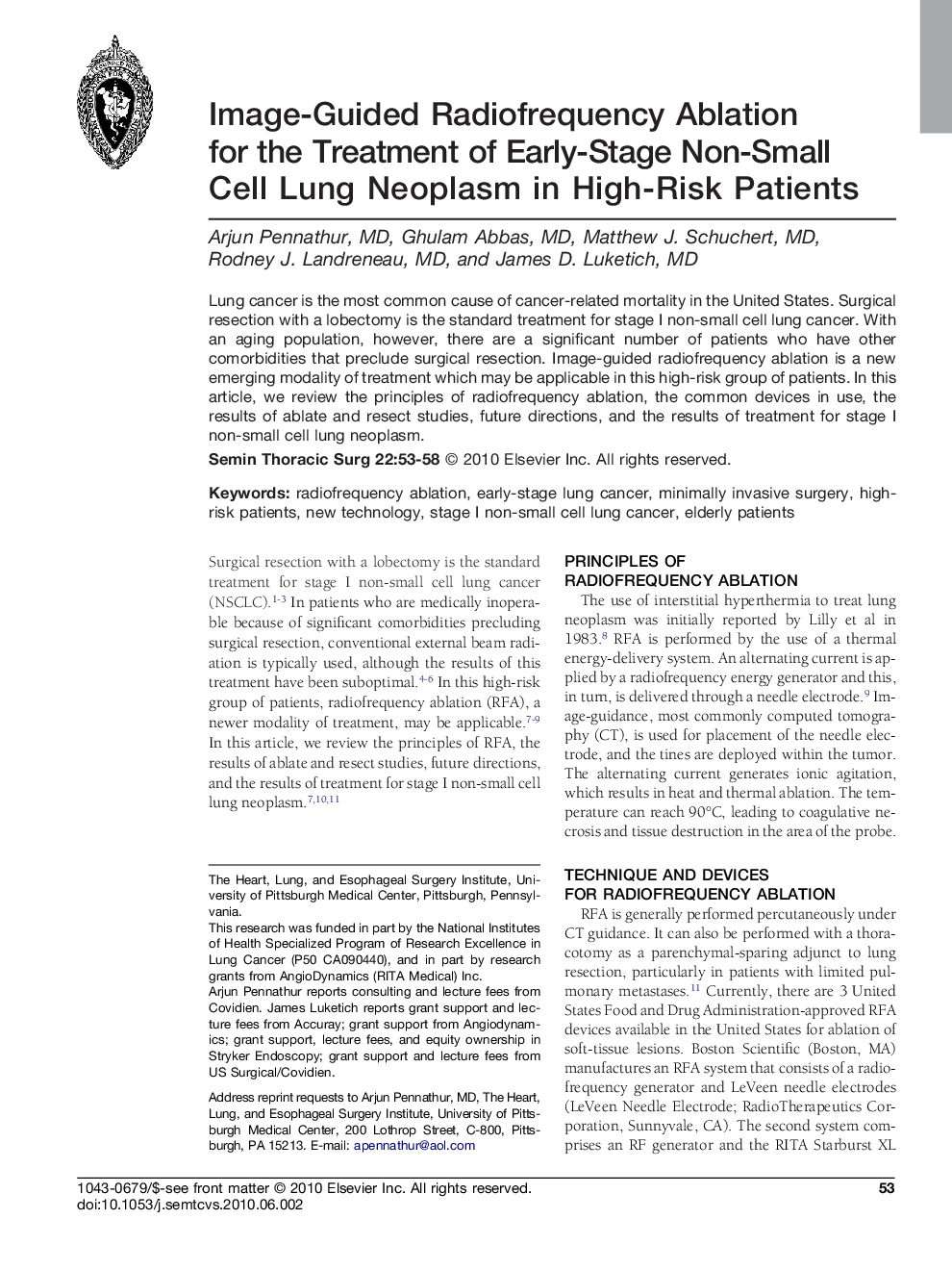 Image-Guided Radiofrequency Ablation for the Treatment of Early-Stage Non-Small Cell Lung Neoplasm in High-Risk Patients 