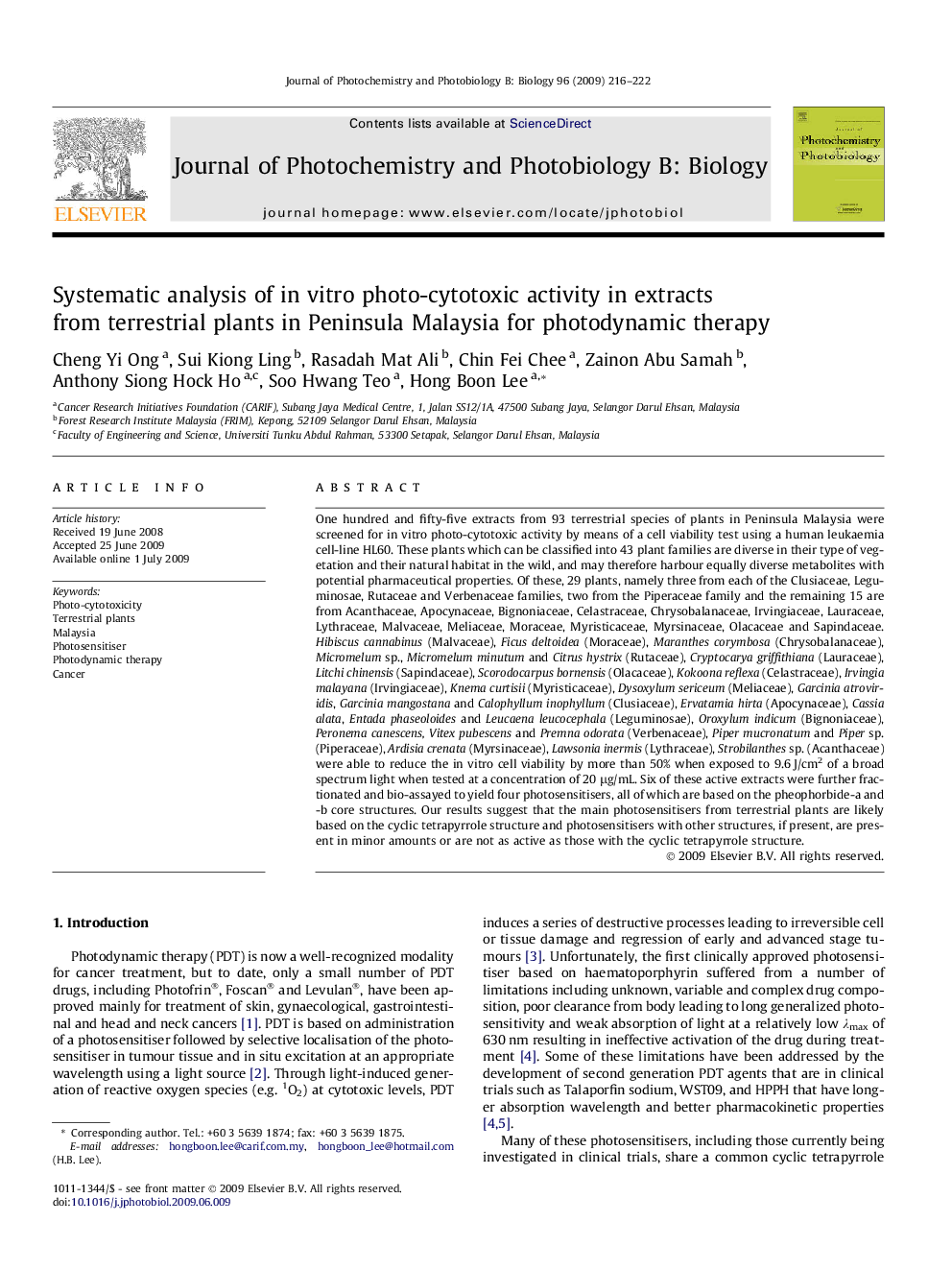 Systematic analysis of in vitro photo-cytotoxic activity in extracts from terrestrial plants in Peninsula Malaysia for photodynamic therapy