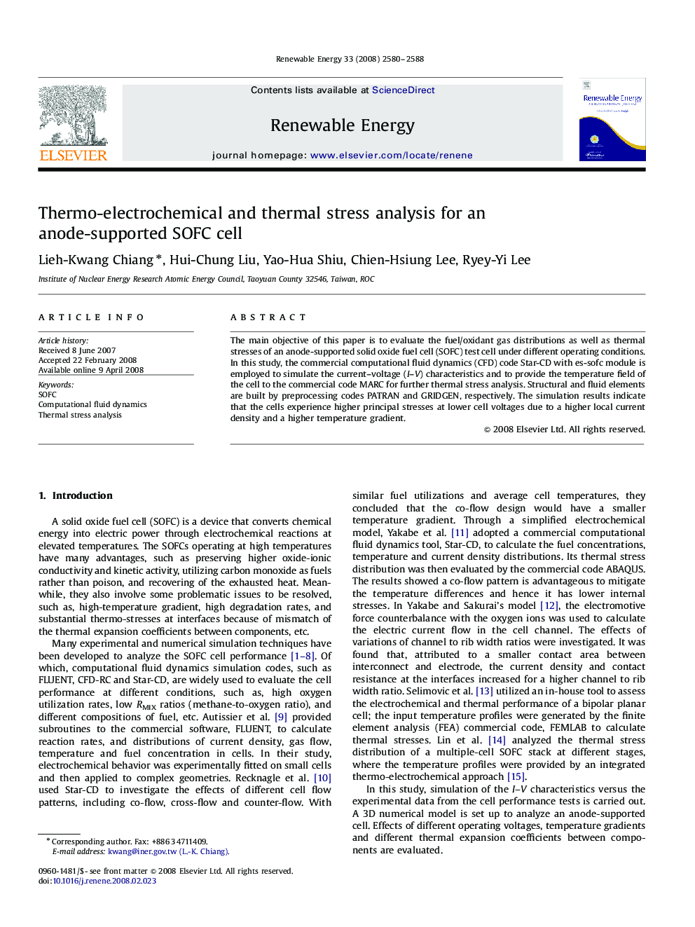 عکس صفحه اول مقاله: Thermo-electrochemical and thermal stress analysis for an anode-supported SOFC cell Thermo-electrochemical and thermal stress analysis for an anode-supported SOFC cell