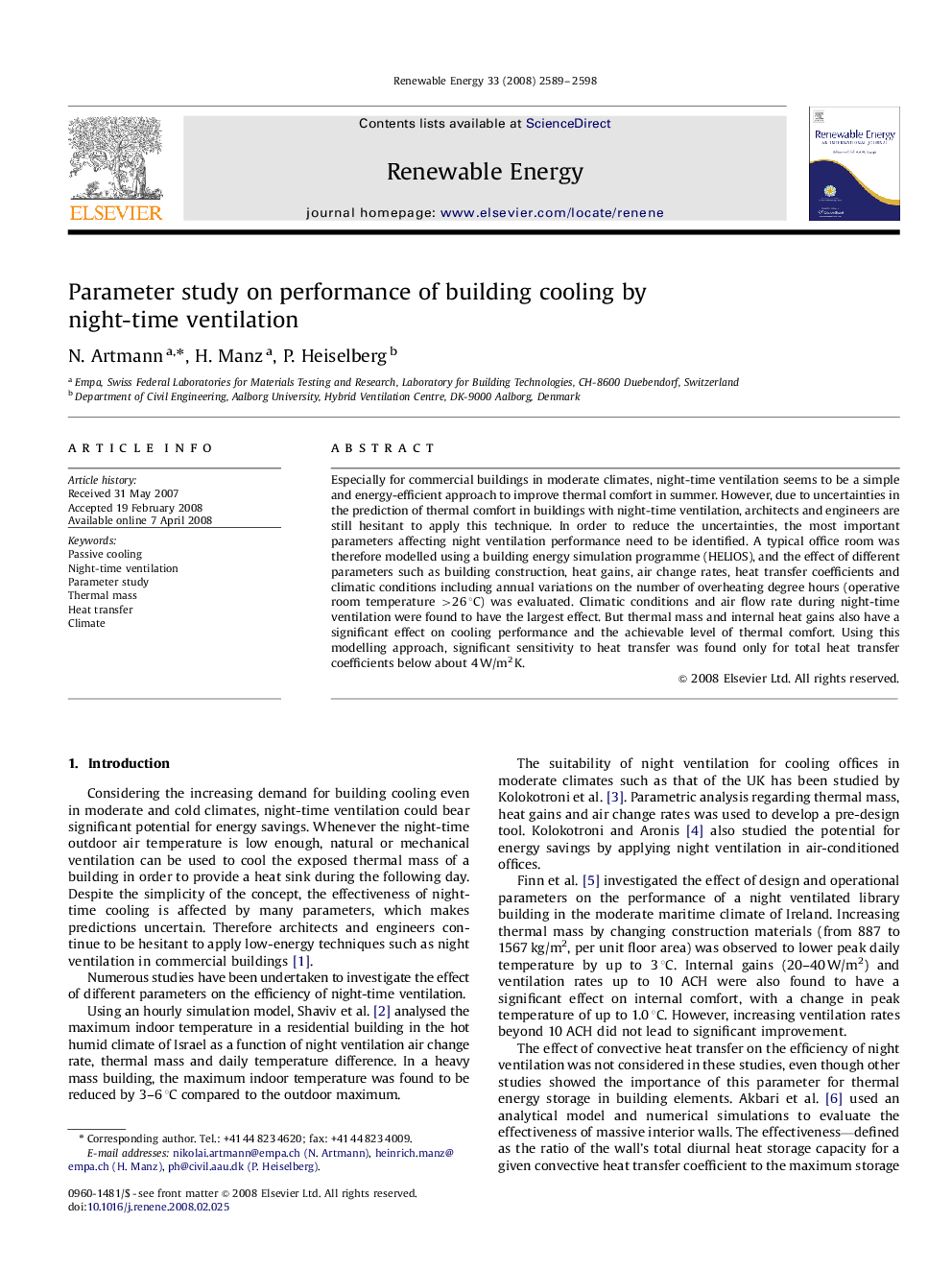 Parameter study on performance of building cooling by night-time ventilation