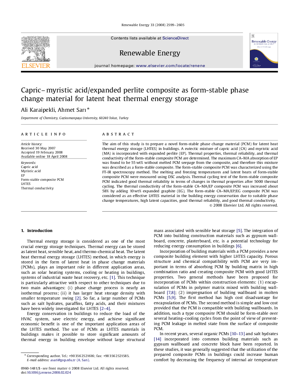 Capric–myristic acid/expanded perlite composite as form-stable phase change material for latent heat thermal energy storage