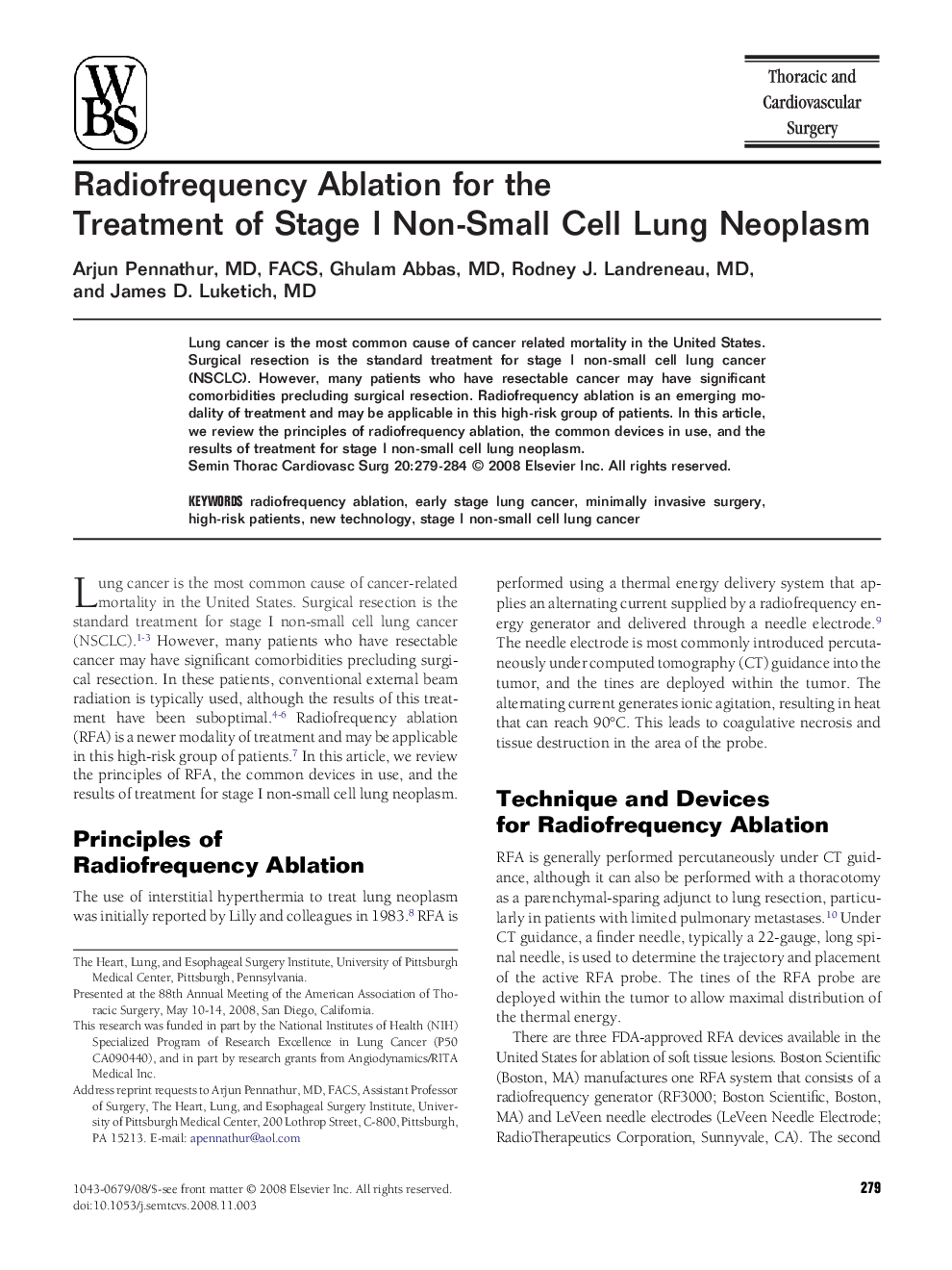 Radiofrequency Ablation for the Treatment of Stage I Non-Small Cell Lung Neoplasm