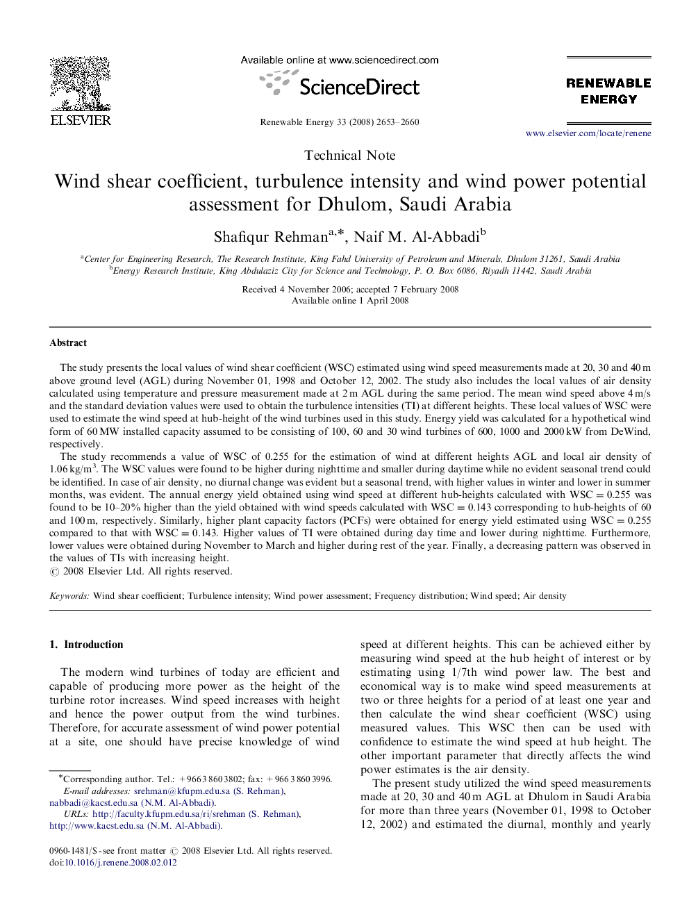 Wind shear coefficient, turbulence intensity and wind power potential assessment for Dhulom, Saudi Arabia