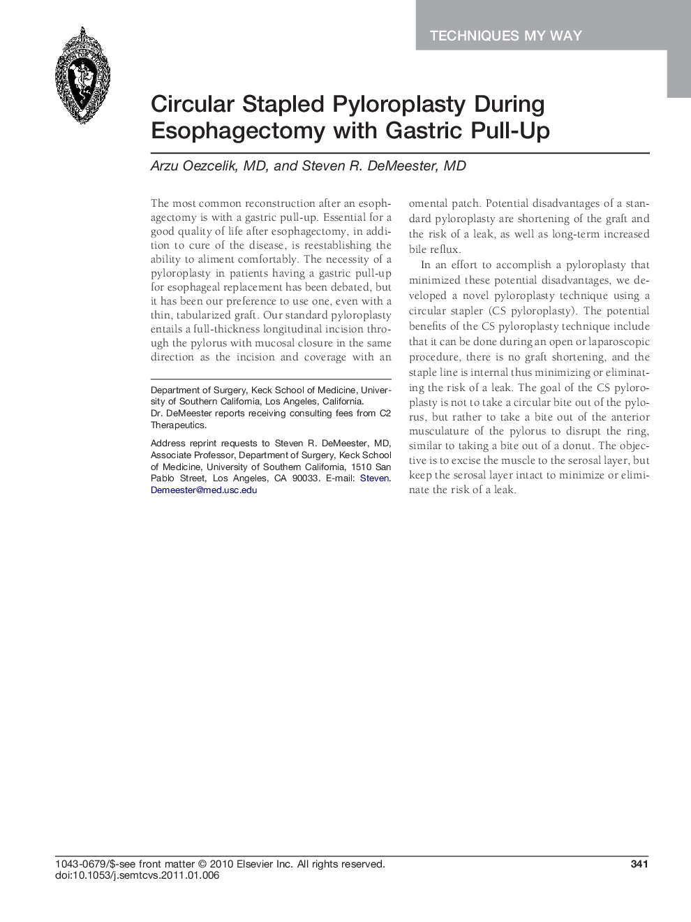 Circular Stapled Pyloroplasty During Esophagectomy with Gastric Pull-Up