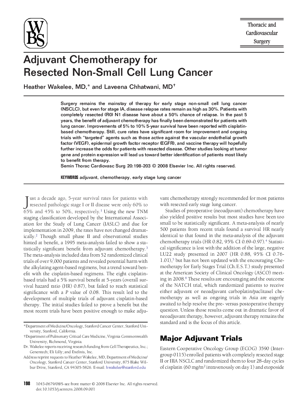 Adjuvant Chemotherapy for Resected Non-Small Cell Lung Cancer 