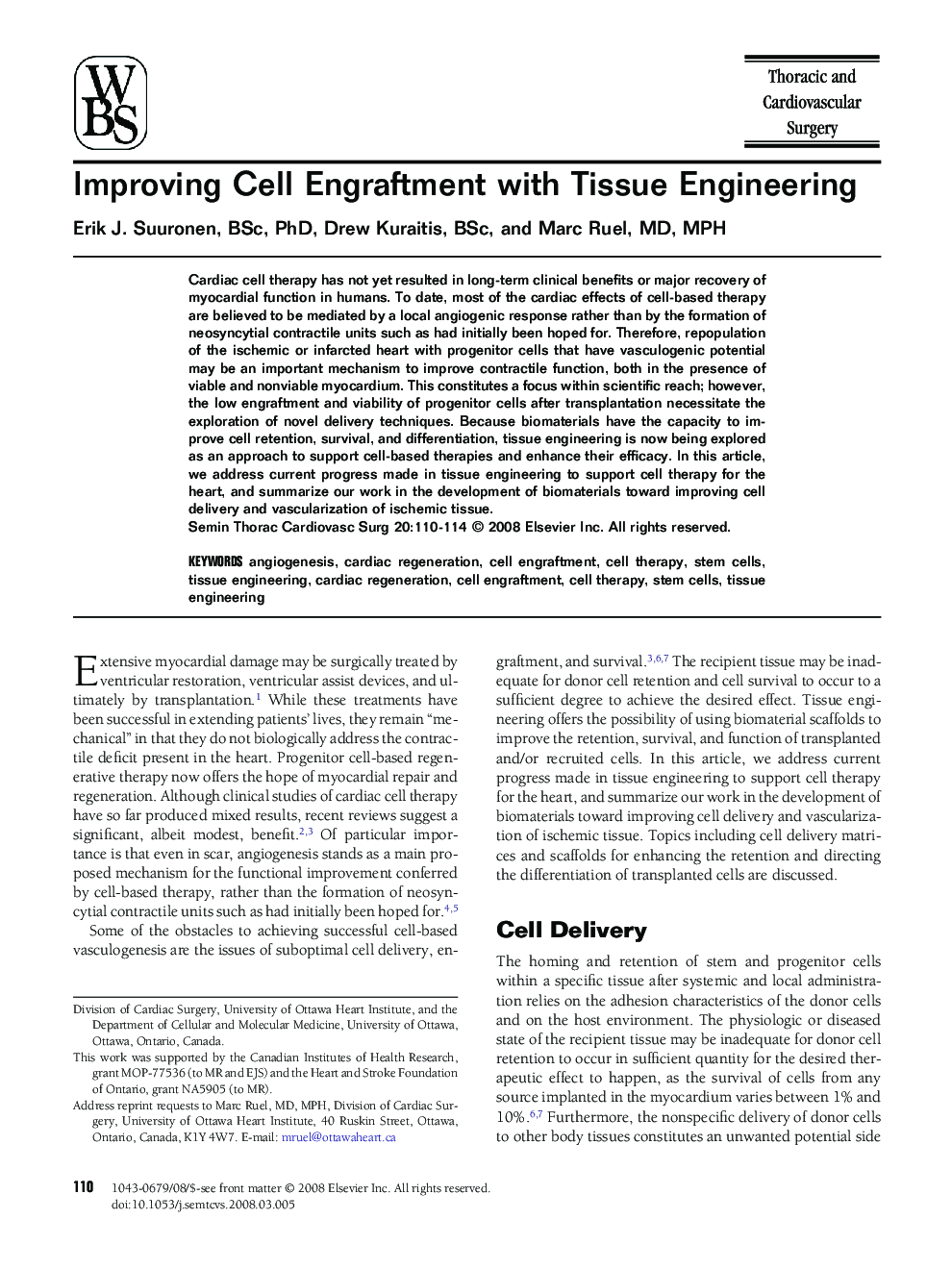 عکس صفحه اول مقاله: Improving Cell Engraftment with Tissue Engineering Improving Cell Engraftment with Tissue Engineering