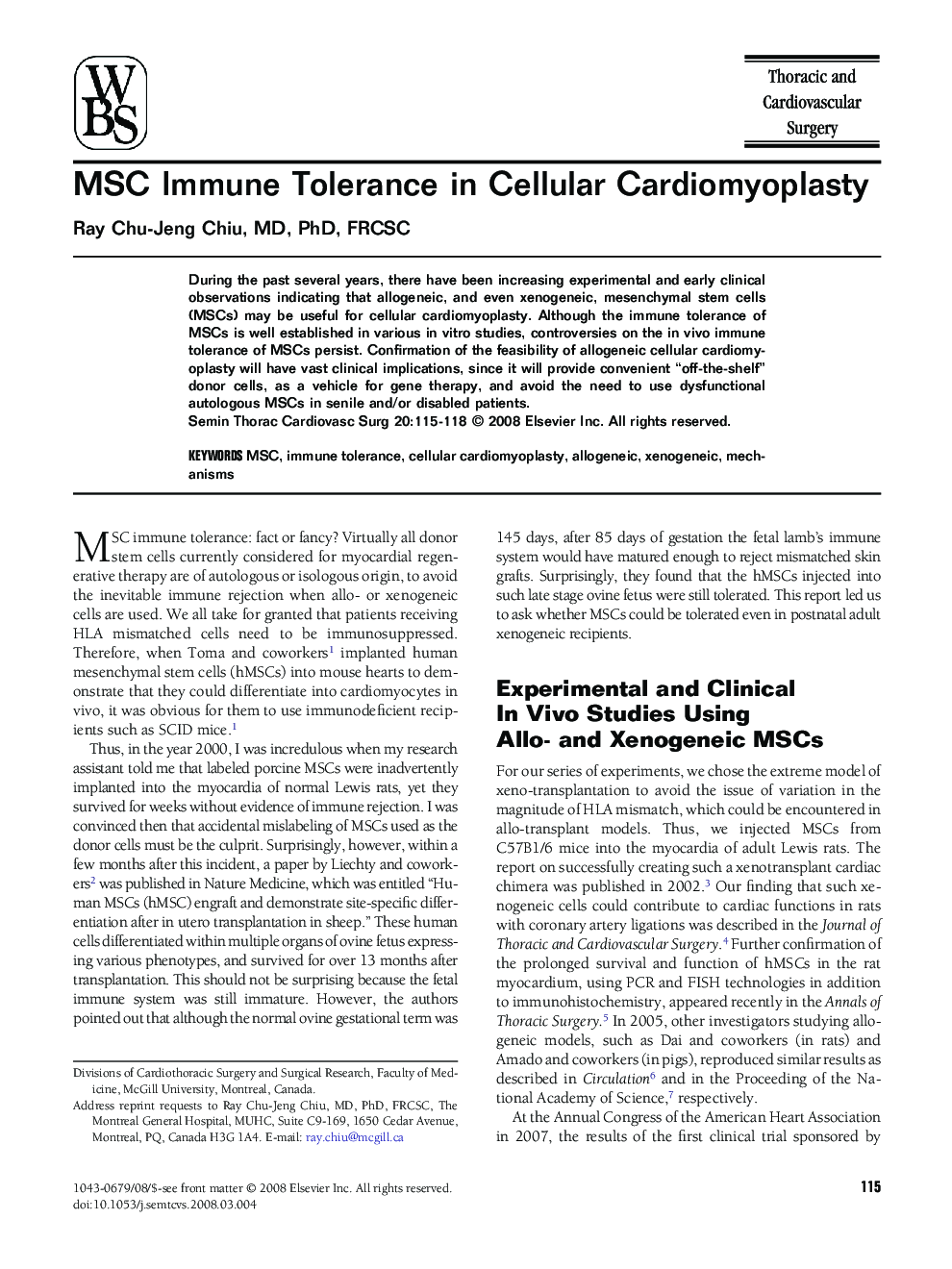 MSC Immune Tolerance in Cellular Cardiomyoplasty