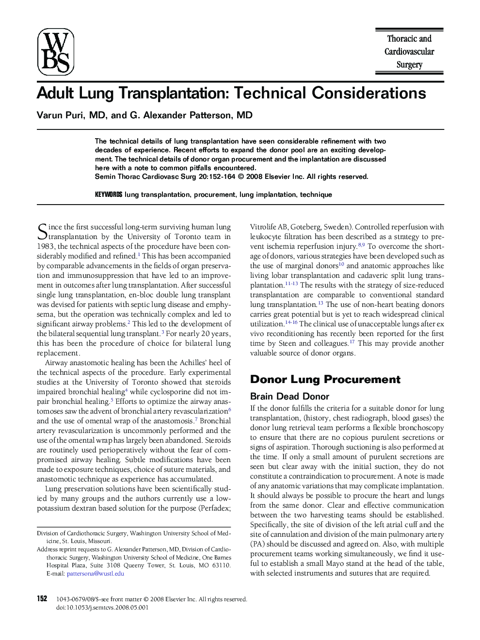 Adult Lung Transplantation: Technical Considerations