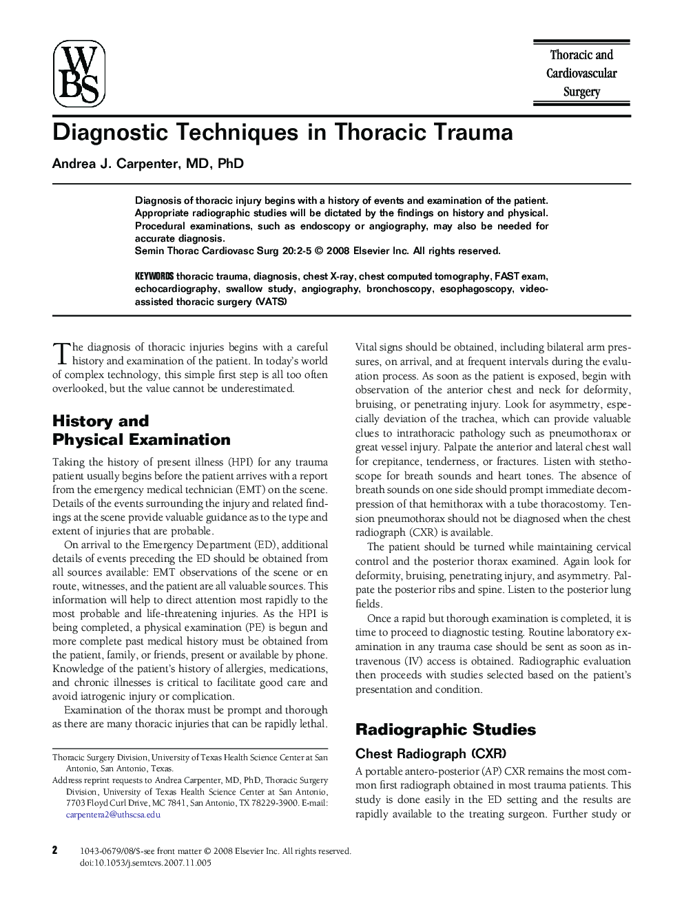 Diagnostic Techniques in Thoracic Trauma