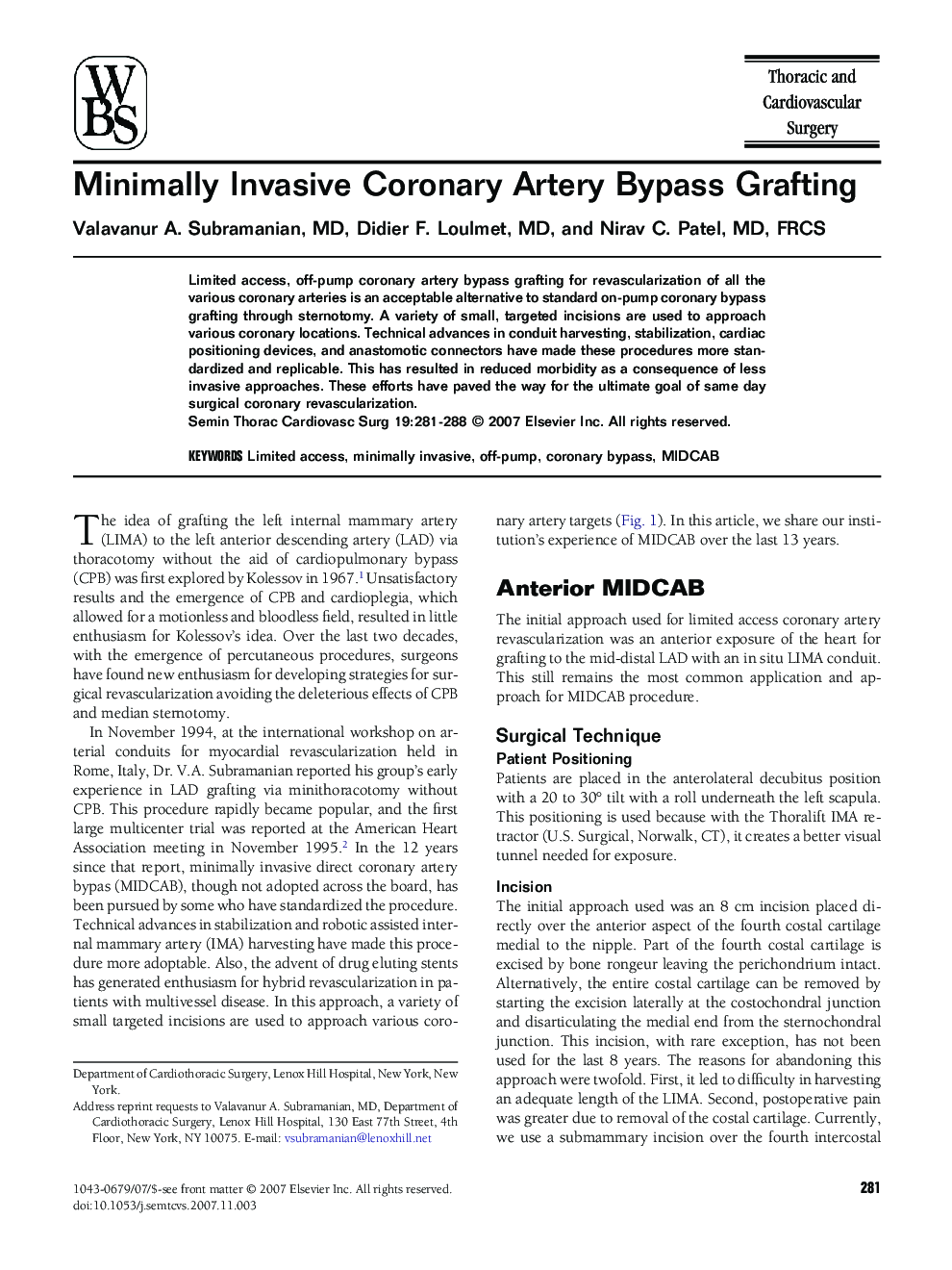 Minimally Invasive Coronary Artery Bypass Grafting
