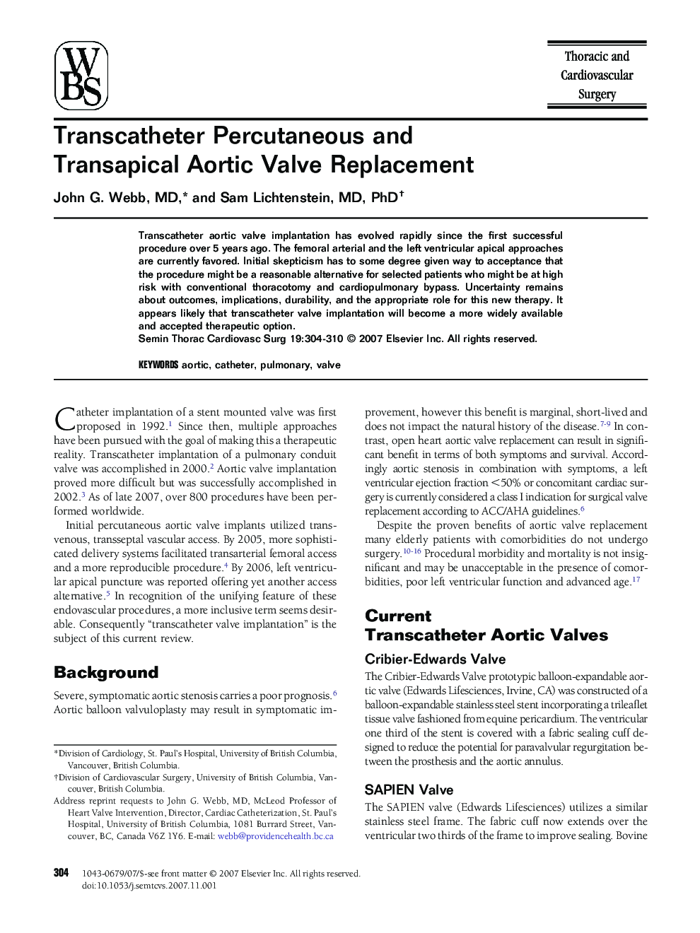 عکس صفحه اول مقاله: Transcatheter Percutaneous and Transapical Aortic Valve Replacement Transcatheter Percutaneous and Transapical Aortic Valve Replacement