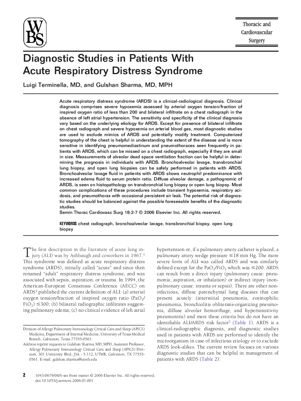 Diagnostic Studies in Patients With Acute Respiratory Distress Syndrome