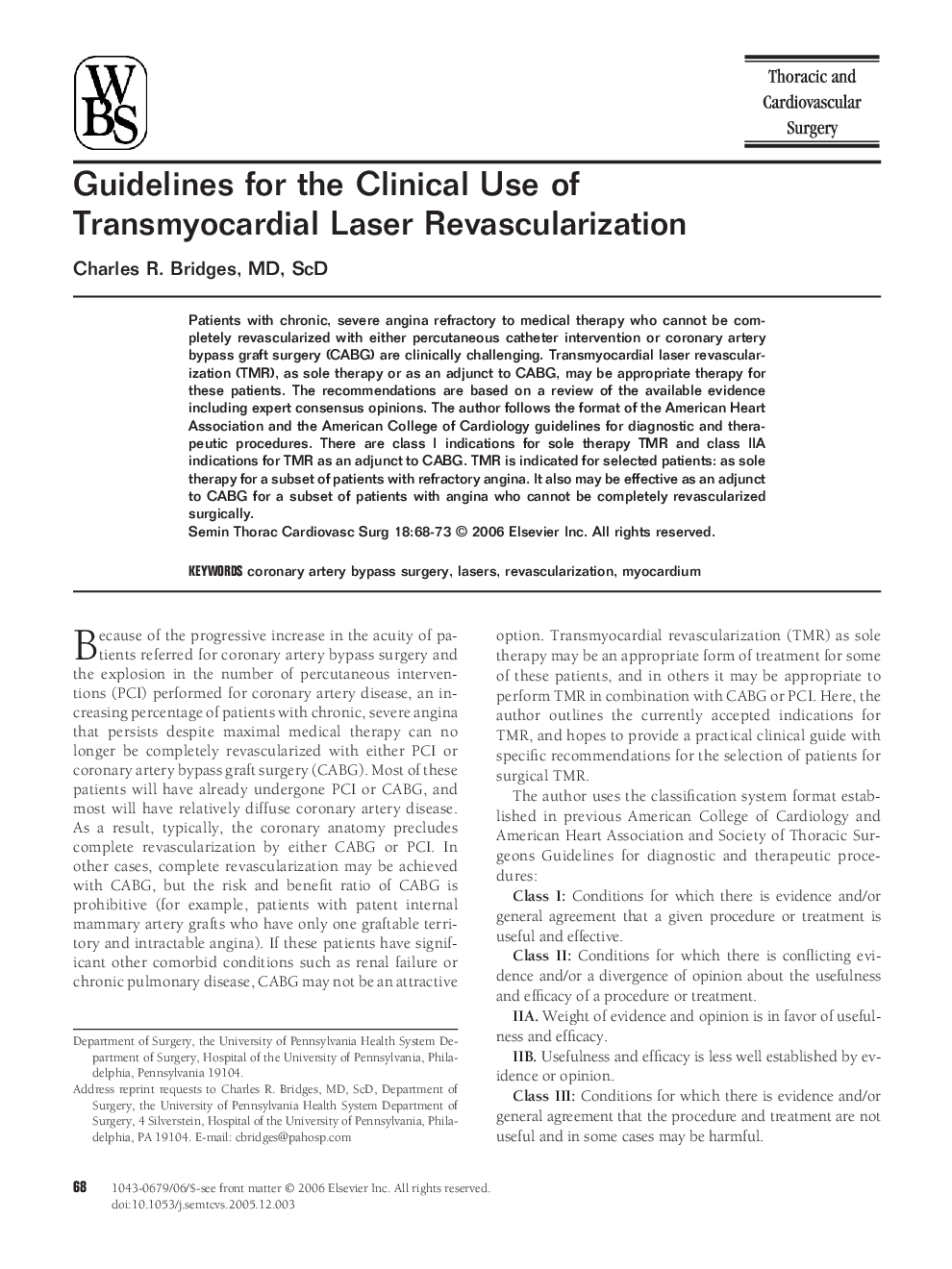 Guidelines for the Clinical Use of Transmyocardial Laser Revascularization