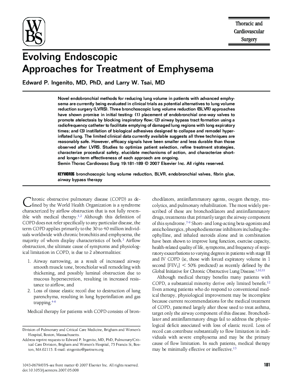 Evolving Endoscopic Approaches for Treatment of Emphysema