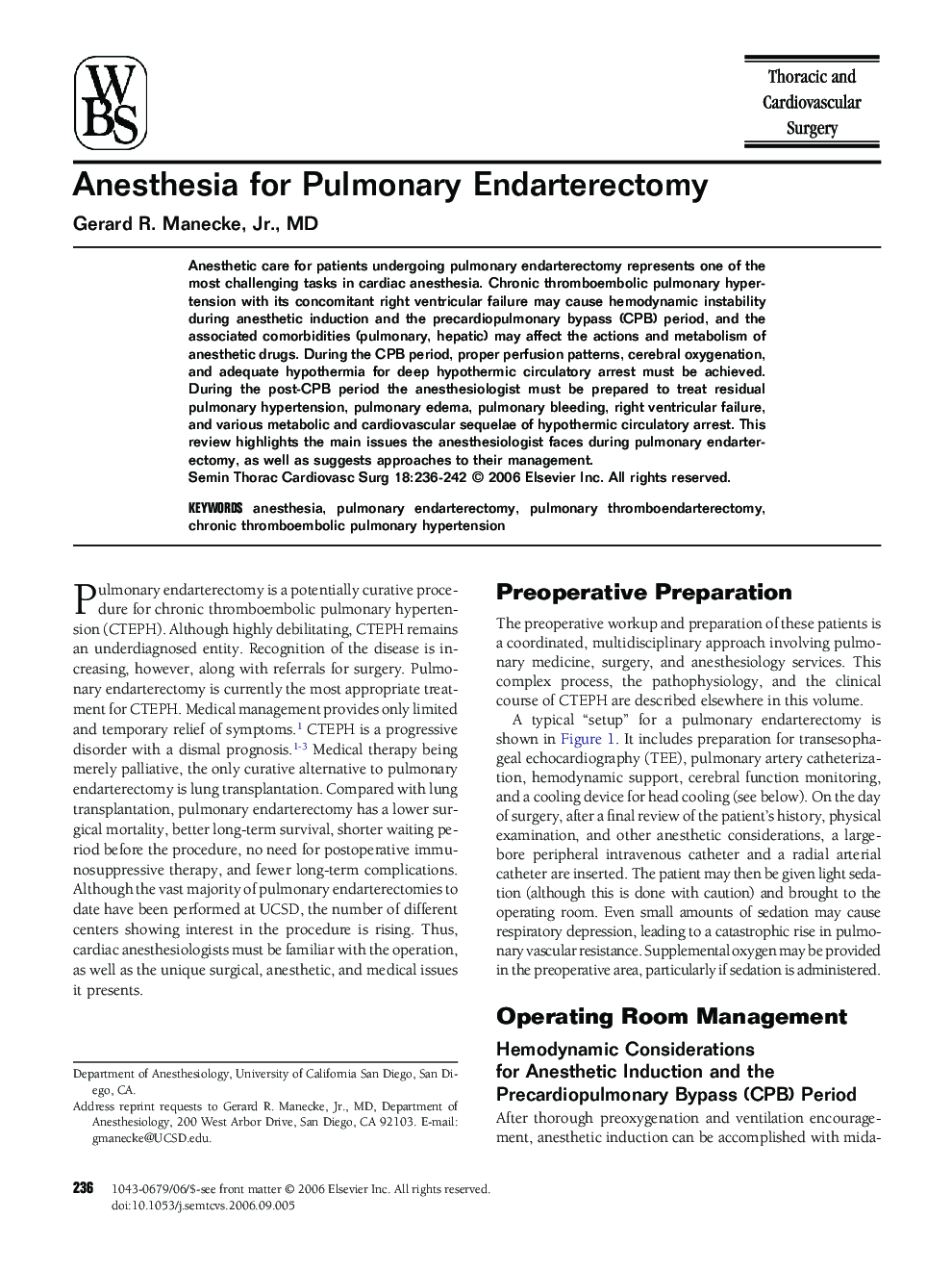 Anesthesia for Pulmonary Endarterectomy