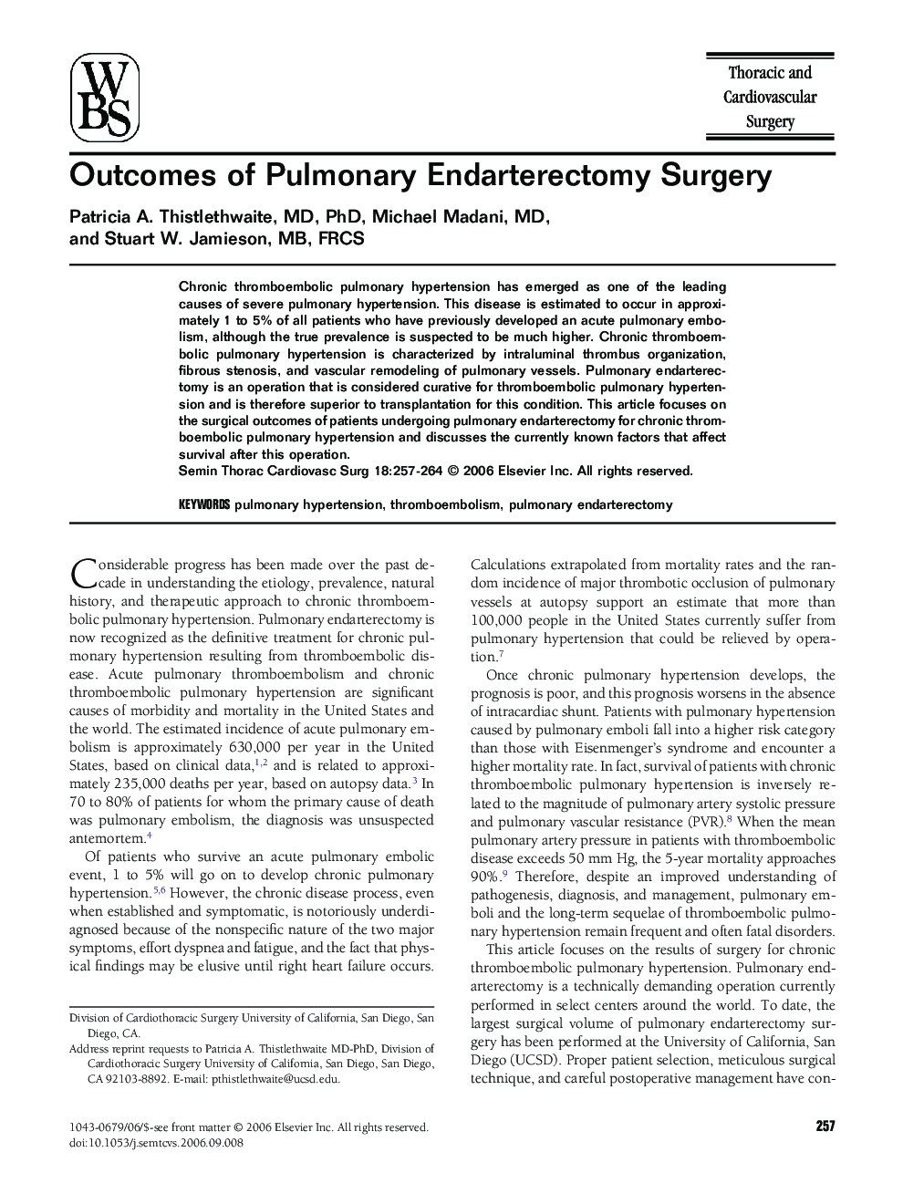 Outcomes of Pulmonary Endarterectomy Surgery