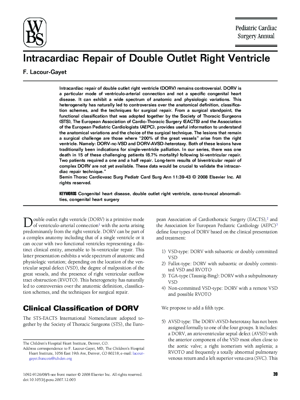Intracardiac Repair of Double Outlet Right Ventricle