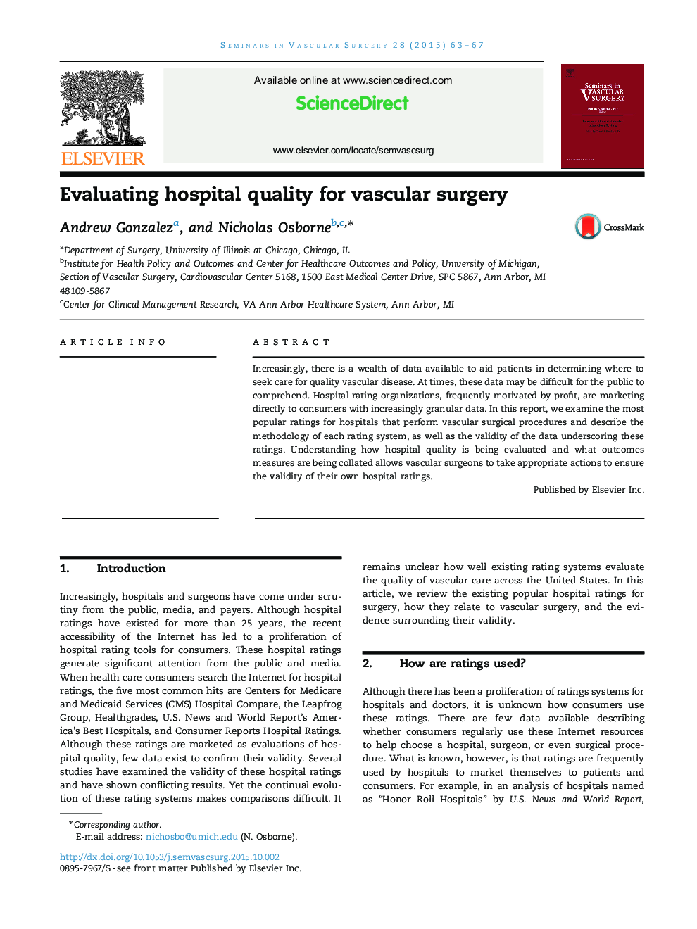 Evaluating hospital quality for vascular surgery
