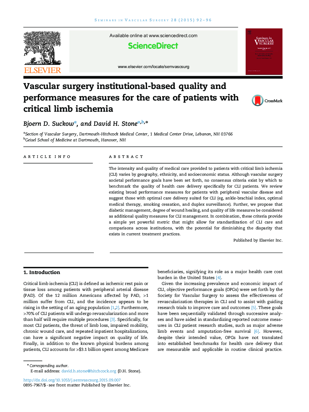 Vascular surgery institutional-based quality and performance measures for the care of patients with critical limb ischemia