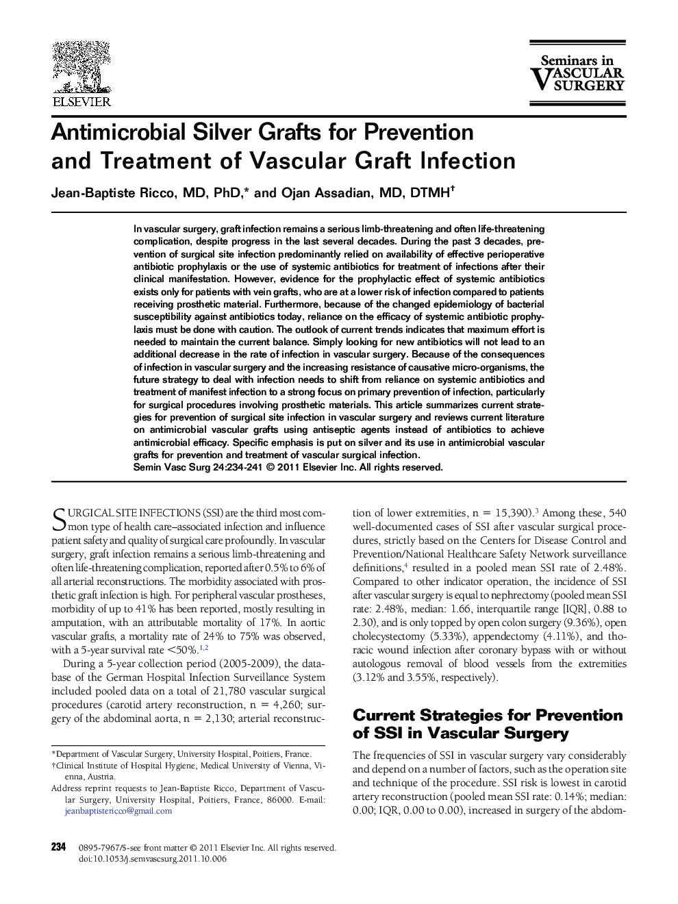 Antimicrobial Silver Grafts for Prevention and Treatment of Vascular Graft Infection