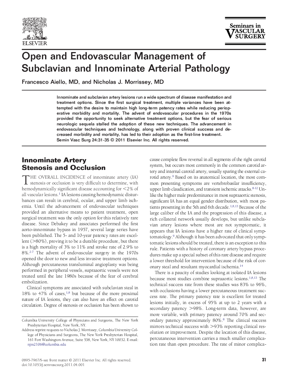 Open and Endovascular Management of Subclavian and Innominate Arterial Pathology