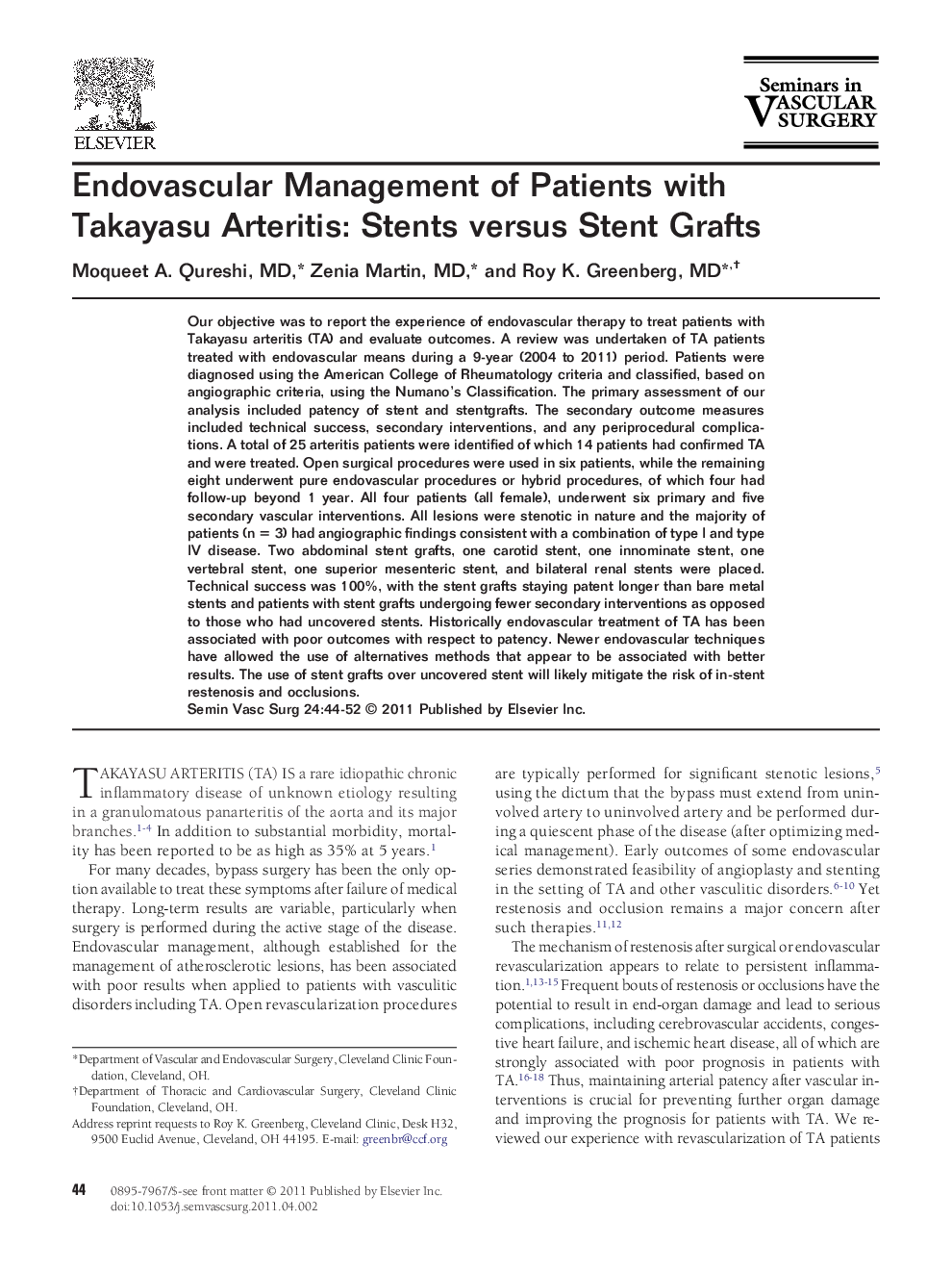 Endovascular Management of Patients with Takayasu Arteritis: Stents versus Stent Grafts