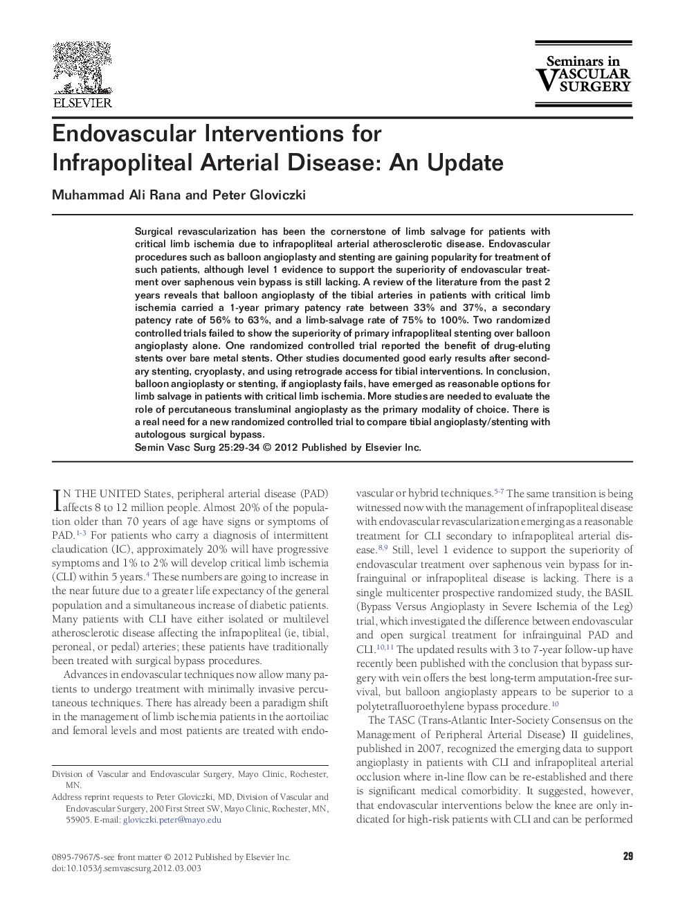 Endovascular Interventions for Infrapopliteal Arterial Disease: An Update